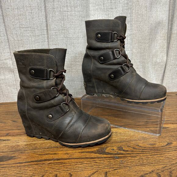 Sorel Joan of Arctic Wedge II Lexie Brown Leather Lace-Up Boots Women’s Size 7.5 - Picture 1 of 7